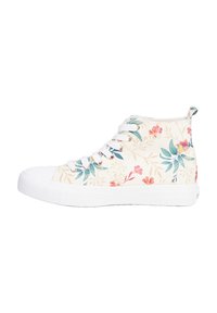 Hochschuh-Sneaker mit einem cremefarbenen Canvas-Obermaterial und einem floralen Muster in Pink und Grün, einer weißen Gummikappe und -sohle sowie einer Zuglasche auf der Rückseite.