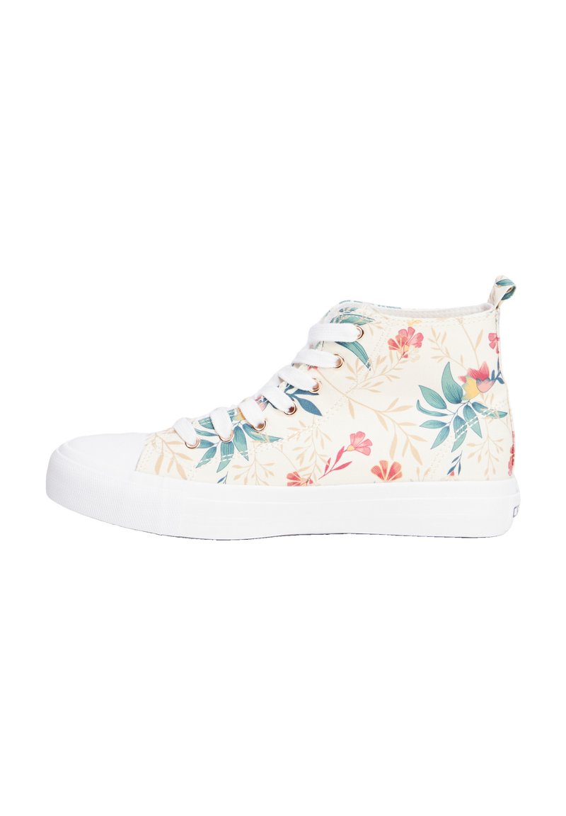 Hochschuh-Sneaker mit einem cremefarbenen Canvas-Obermaterial und einem floralen Muster in Pink und Grün, einer weißen Gummikappe und -sohle sowie einer Zuglasche auf der Rückseite.