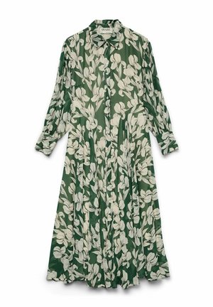Robe midi verte à manches longues avec imprimé floral blanc, boutonnée sur le devant, col et jupe plissée, étiquetée "AWARE".