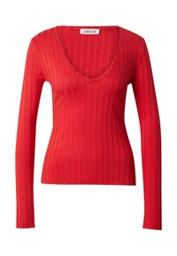 Rotes langärmliges Oberteil mit V-Ausschnitt, geripptem Muster und figurbetontem Design. Hergestellt aus dehnbarem Stoff für Komfort und Bewegungsfreiheit.