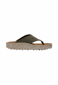 Sandale à lanière en cuir marron avec semelle épaisse beige tachetée et bande de roulement crantée, vue de côté.