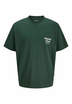 Dark green T-shirt made of cotton, featuring a round crew neckline and short sleeves. Small white logo printed on the left chest.
