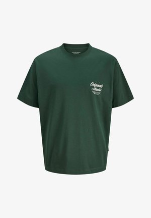 Dark green T-shirt made of cotton, featuring a round crew neckline and short sleeves. Small white logo printed on the left chest.