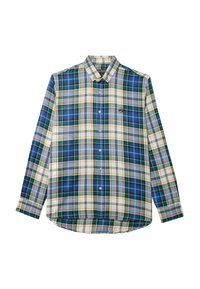 Camisa de cuadros con tonos azules, verdes y amarillos; de manga larga, con cuello abotonado, dobladillo recto y detalle de logo en el pecho.