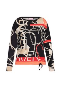 Bluza z długim rękawem wykonana z bawełnianej mieszanki, z wzorem geometrycznym w kolorach czarnym, beżowym i czerwonym, z regulowanym ściągaczem na dole i okrągłym dekoltem.