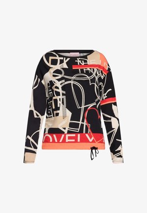 Langærmet sweatshirt lavet af bomuldsblanding med et mix af sorte, beige og røde geometriske mønstre, med snørelukning forneden og rund halsudskæring.