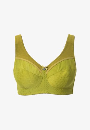 Oliivivihreä rintaliivi, jossa on kaksivärinen verkkomuotoilu, pistekuviointi, leveät olkaimet ja koristeellinen nauha keski etuosassa. Pehmeää kangasta.