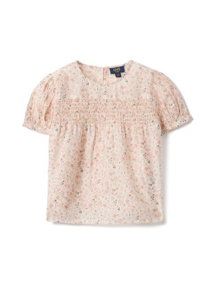 Blusa rosa chiaro a maniche corte con motivo floreale, corpino arricciato e scollo arrotondato. Tessuto morbido e leggero. Etichetta visibile sul collo.