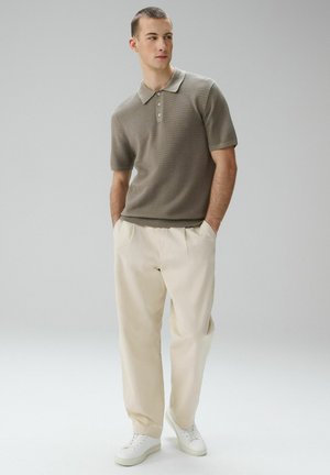 Vyras, dėvintis trumpomis rankovėmis rudą megztą polo marškinėlį, kreminės spalvos klostuotas kelnes ir baltus sportinius batelius, stovintis su rankomis kišenėse pilko fono priešakyje.