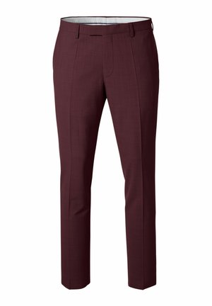 Slim-fit men's dress trousers in dark burgundy with belt loops and front crease detailing.
