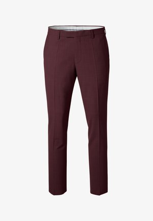 Slim-fit men's dress trousers in dark burgundy with belt loops and front crease detailing.