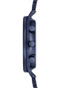 Marineblaue Chronographuhr mit silbernen Elementen, drei Druckknöpfen und strapazierfähigem Armband, das ein schlankes, rundes Gehäusedesign zeigt.