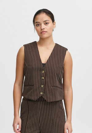 Bruine gestreepte gilet met een diepe V-hals, vijf knopen en twee voorzakken. De stof heeft een soepele textuur met subtiele blauwe accenten.