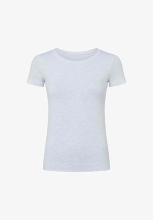 Jasnoszara koszulka z krótkim rękawem wykonana z miękkiego materiału. Posiada okrągły dekolt i luźny krój, z subtelną melanżową teksturą.