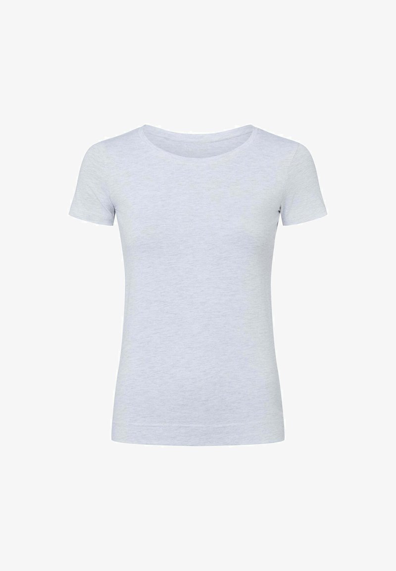 T-shirt gris clair à manches courtes en tissu doux. Dispose d'un col rond et d'une coupe décontractée, avec une texture chinée subtile.