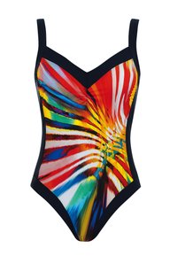Maillot de bain une pièce avec un motif abstrait multicolore vibrant, accent noir et encolure structurée. Texture lisse.