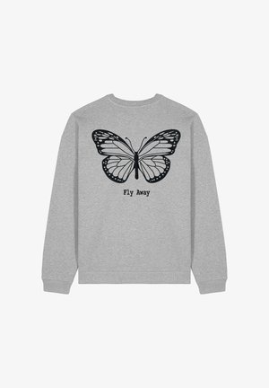 Grauer Sweatshirt mit einem großen schwarzen Schmetterlingsgrafik, die detaillierte Flügel zeigt, und dem Text "Fly Away" unterhalb des Designs.