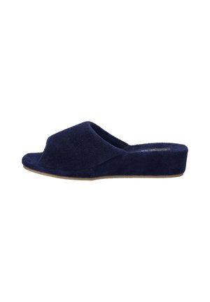 Sandale slide femme en tissu éponge bleu marine à bout ouvert, talon compensé bas et semelle rembourrée.