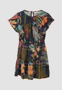 Blumendruckkleid mit Rüschensäumen, elastischem Bund und einer Mischung aus lebendigen Farben, darunter Blau, Orange und Grün.