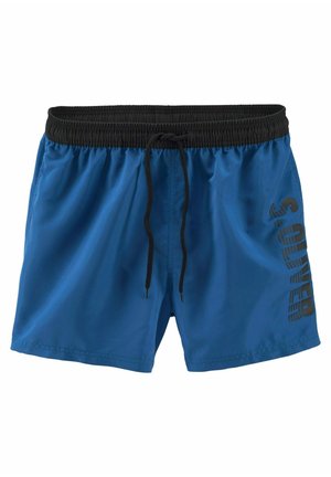 Blaue Badeshorts mit schwarzem, elastischem Bund, Kordelzug und seitlichem Logo-Detail. Glatte Textur, leichtes Material und Schnitt oberhalb des Knies.