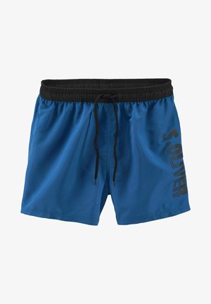 Blue swim shorts with black elastic waistband, drawstring, and side logo detail. Smooth texture, lightweight material, and above-the-knee cut.