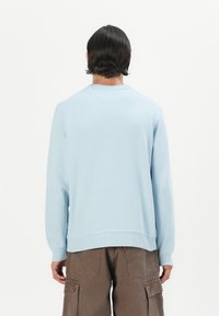 Lyseblå langærmet sweatshirt med ribbet rund halsudskæring og manchetter. Har en afslappet pasform og enkel design, fremstillet af blødt stof.
