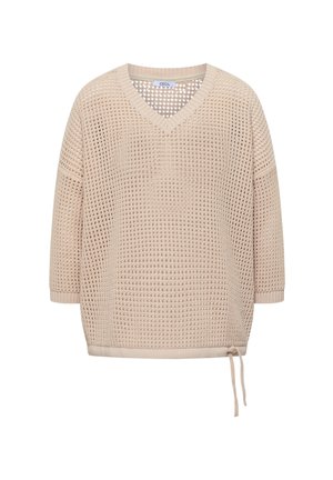 Beige neulepusero V-kaula-aukolla, kolmen neljänneksen hihoilla, avoimella neulekuviolla ja säädettävällä kiristysnauhalla helmassa yksivärisellä taustalla.