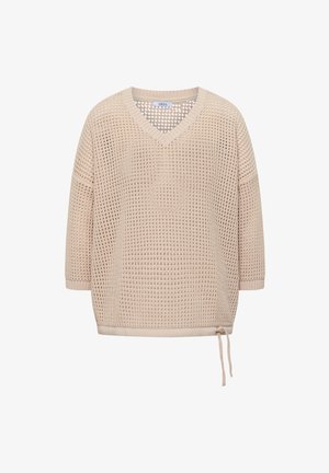 Jersey de punto beige con escote en V, mangas tres cuartos, patrón de tejido abierto y cordón ajustable en el dobladillo sobre fondo liso.