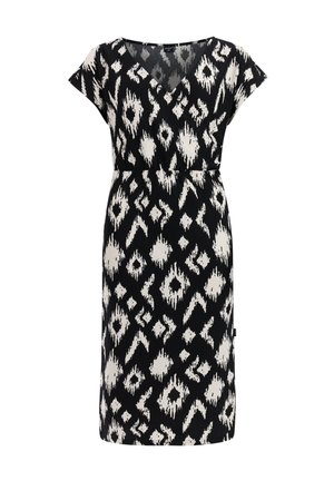 Robe noire et blanche longueur genoux avec manches courtes et imprimé géométrique abstrait, dotée d'un col en V et d'une taille cintrée.