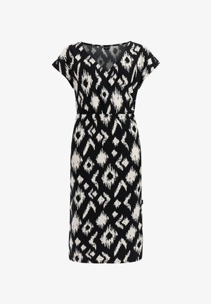 Sort-hvid knælængde kjole med korte ærmer og abstrakt geometrisk mønster, med V-hals og indsnøret talje.