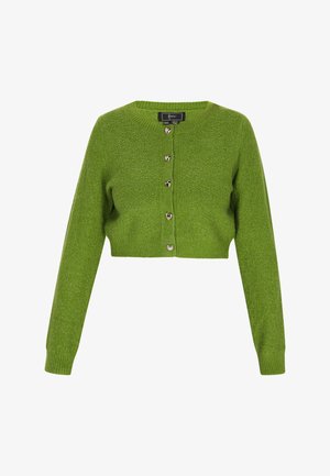 Küljest lõigatud roheline kampsun, mis on valmistatud tekstuuriga kudumist, featuring pikad varrukad, ümmargune kaelus ja südamekujulised hõbedased nupud.