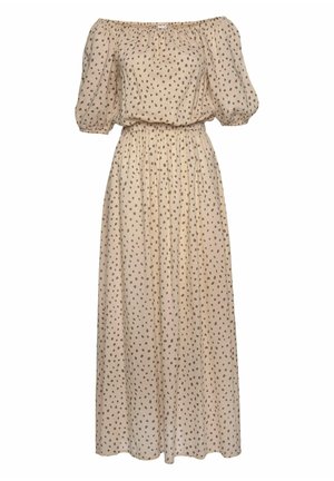 Beige off-shoulder maxi dress with puffed short sleeves and scattered brown polka dot pattern, featuring an elastic waist.