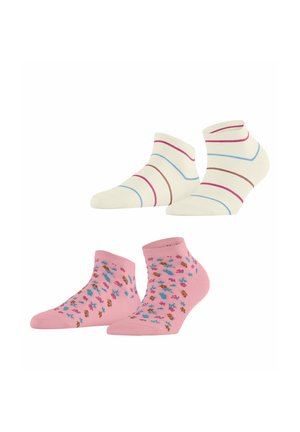 Zwei Paar Knöchelsocken: eines weiß mit dünnen geschwungenen Streifen in Pink, Blau und Braun; eines pink mit kleinen blauen und braunen Blumenmustern.