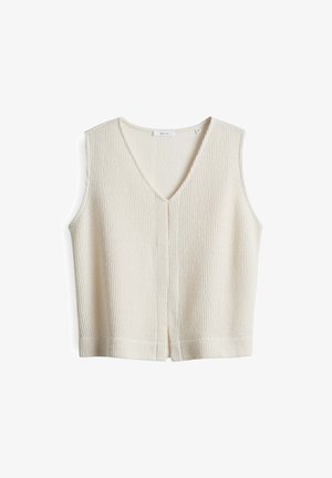 V-hals, mouwloos vest in off-white, ribbelstructuur. Voorzien van een naad aan de voorkant en zijsplitten aan de onderrand voor ventilatie. Gemaakt van zacht materiaal.