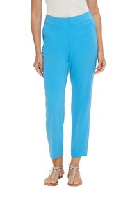 Heldere blauwe, op maat gemaakte broeken met een gladde textuur, slanke pasvorm en enkel lengte. Bevat een verborgen tailleband en is te combineren met sandalen.