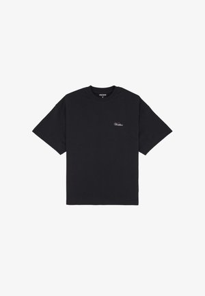 Black cotton t-shirt with short sleeves, relaxed fit, and small white embroidered logo on the left chest. Smooth texture, crew neck design.
