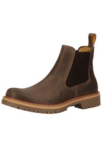 Braune Leder-Chelsea-Boots mit elastischen Seiteneinsätzen, verstärktem Absatz und robustem Gummisohle mit ausgeprägtem Profil für besseren Halt.