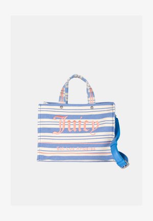 Sac en tissu rayé bleu avec des accents roses, affichant le logo "Juicy" et le texte "Est. Los Angeles" ; comprend des poignées doubles et une sangle bleue détachable.