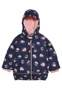 Tmavě modrá péřová bunda s růžovým a tmavě modrým kruhovým vzorem, předním zipem, elastickými manžetami a kapucí s růžovým podšívkou.