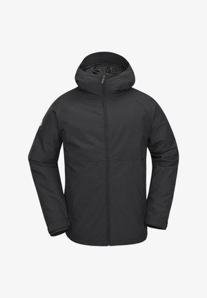 Veste noire imperméable avec capuche, fermeture éclair à l'avant, manches longues, et texture lisse. Présente un patch logo sur la manche gauche.