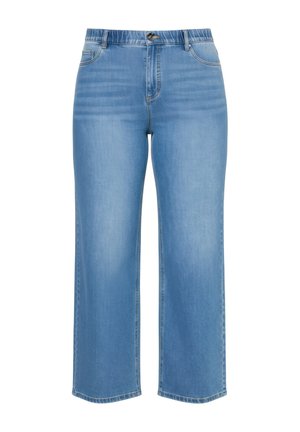 Lichtblauwe denim cropped jeans met knoop- en ritssluiting, voorzakken en een rechte pijp.