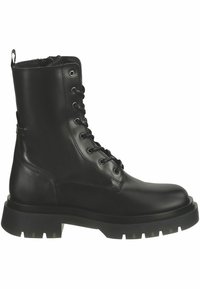 Black leather combat boot with lace-up design, round toe, chunky rubber sole, and stitching details on the side, featuring a pull tab at the back.
