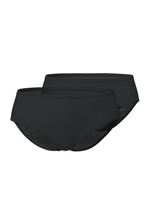 Zwei schwarze nahtlose Low-Rise-Slips mit vollständiger Rückenabdeckung auf weißem Hintergrund dargestellt.