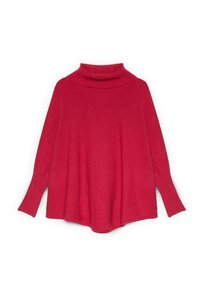 Maglione dolcevita rosso, realizzato in morbido tessuto a maglia. Presenta maniche lunghe con polsini a costine e una vestibilità ampia e comoda. Texture liscia.