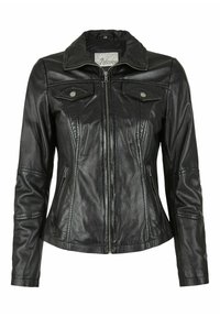 Schwarze Lederjacke mit hohem Kragen, Reißverschluss, zwei Brusttaschen und Nahtdetails an den Ärmeln und dem Körper. Glatte Textur.