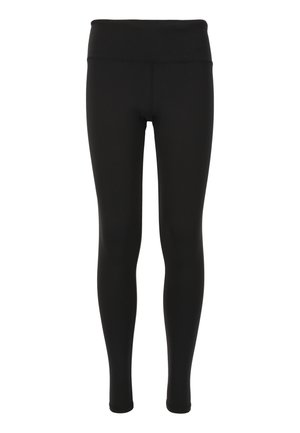 Leggings noirs avec une taille haute, fabriqués en tissu doux et extensible. Présentent une texture lisse et un design ajusté. Aucune motif ou accent visible.