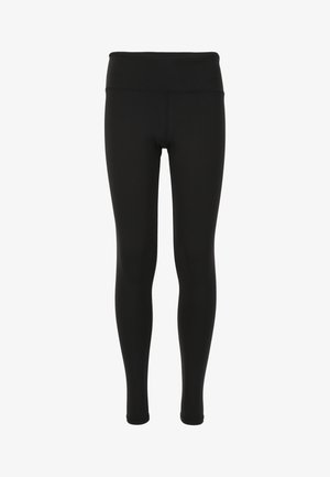 Zwarte leggings met een hoge tailleband, gemaakt van zachte, rekbare stof. Heeft een gladde textuur en een slank ontwerp. Geen zichtbare patronen of accenten.