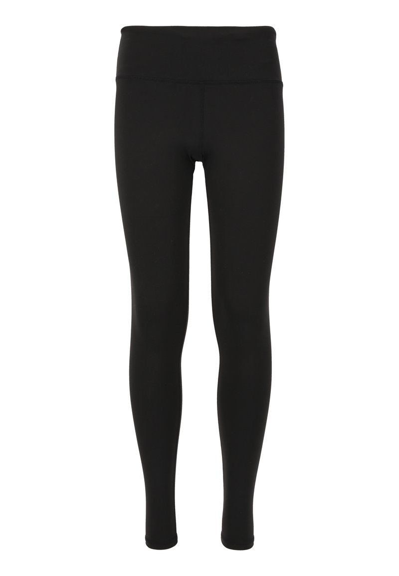 Zwarte leggings met een hoge tailleband, gemaakt van zachte, rekbare stof. Heeft een gladde textuur en een slank ontwerp. Geen zichtbare patronen of accenten.