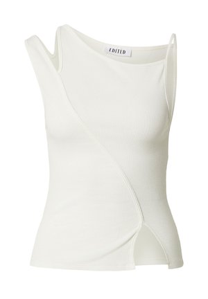 Weißes geripptes ärmelloses Oberteil mit asymmetrischem Ausschnitt und diagonalen Nahtdetails, kleinem seitlichem Schlitz am Saum.