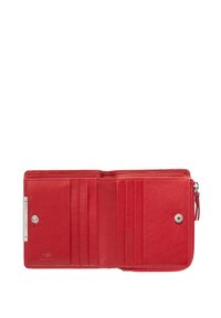 Cartera de cuero rojo con múltiples ranuras para tarjetas, un compartimento con cremallera y un cierre a presión. Textura suave con un diseño elegante.